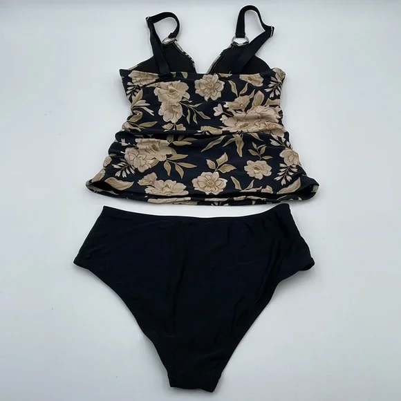 CUPSHE Floral Black Tankini Swimsuit V Neck Adjustable Strap Mid Rise - Picture 8 of 16